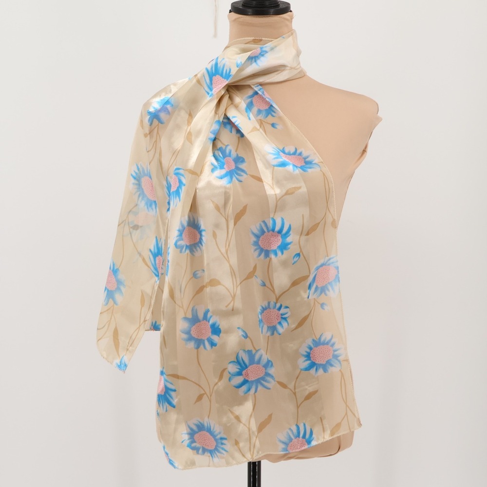 Vintage Sheer Floral Scarf Blue‎ Pink Tan Lightweight Cottage Bloomcore 59x12.5